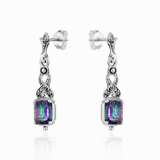 Mystic Topaz Dangling Prong Earrings Oxidized Silver Marcasite - Larus