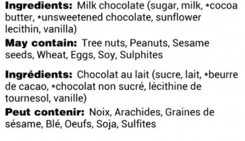Milk Chocolate Thank you Bar ingredients