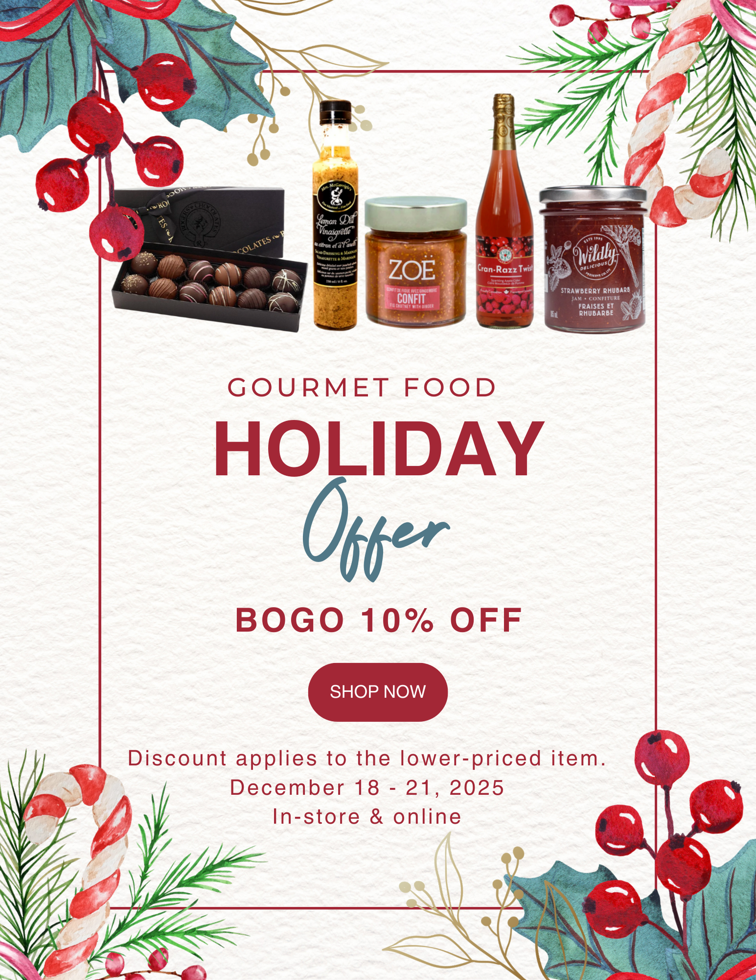 Assorted Canadian gourmet foods including artisan chocolates, maple cookies, teas, crackers, and holiday treats