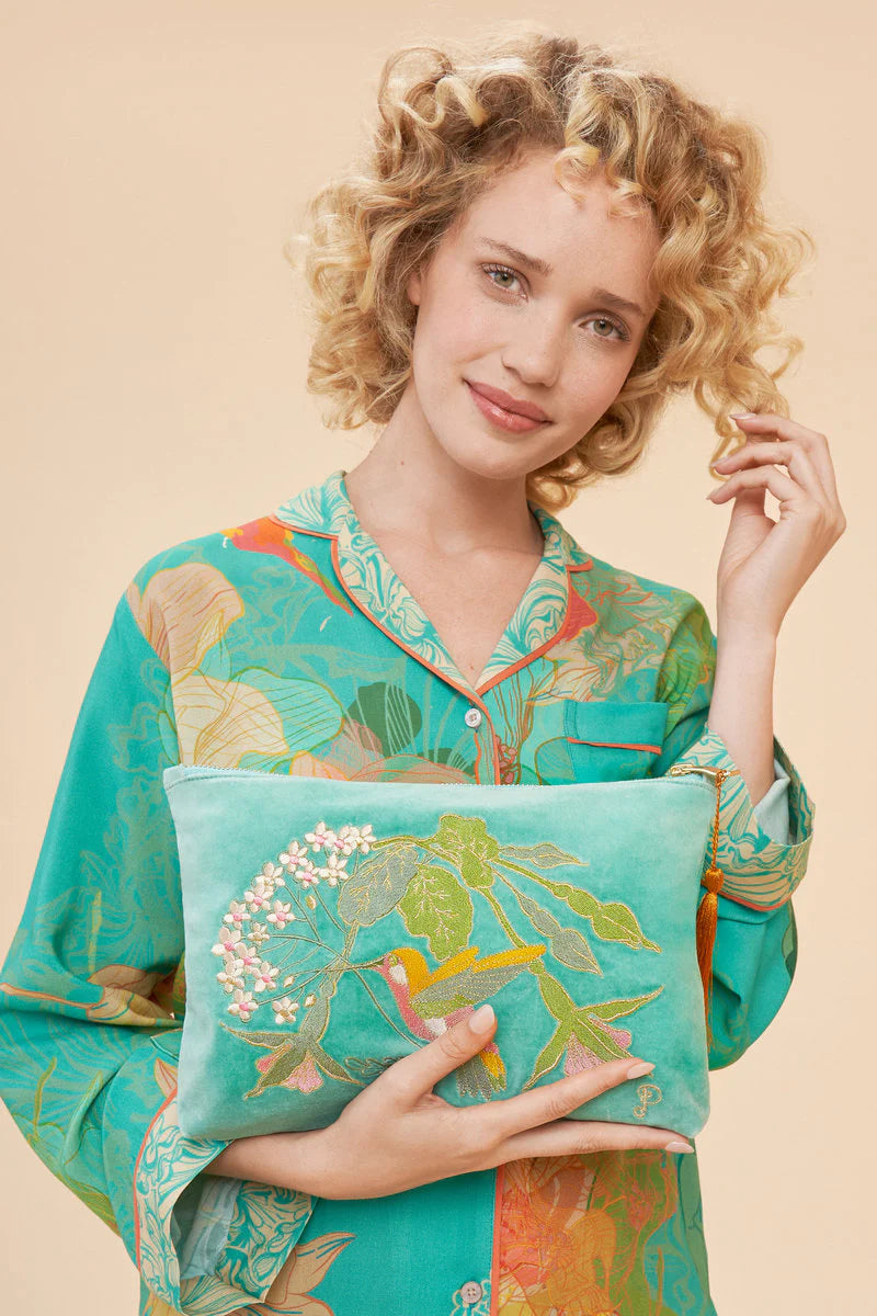 Hummingbird Aqua Velvet Embroidered Zip Pouch