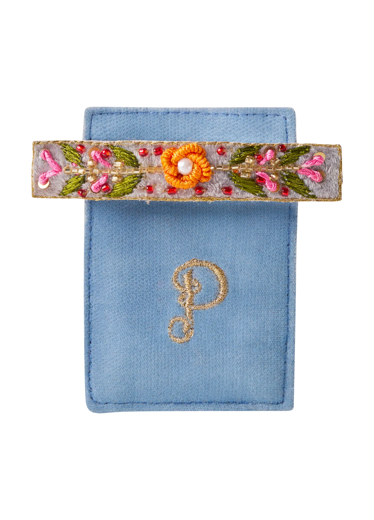 Embroidered Barette - Denim Floral Vine