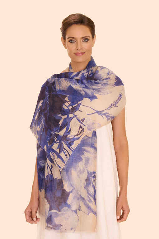 China Blue Blooms Linen & Cotton Scarf