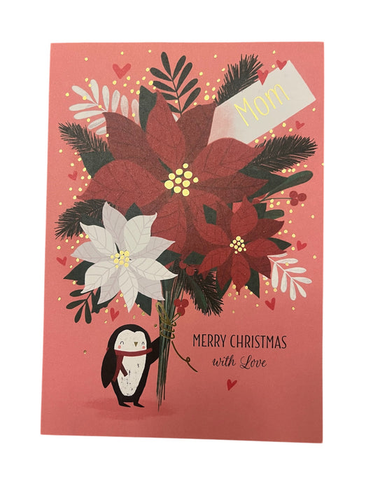 Poinsetta Penguin Holiday Greeting Card