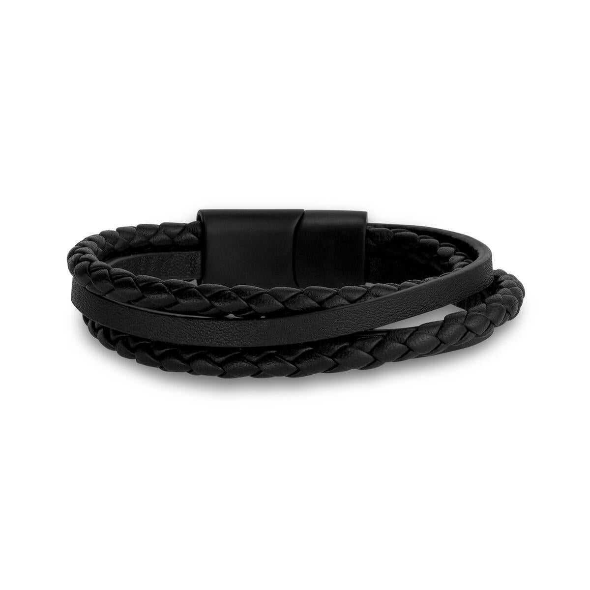 Bracelet multi-rangs en cuir noir avec fermoir noir