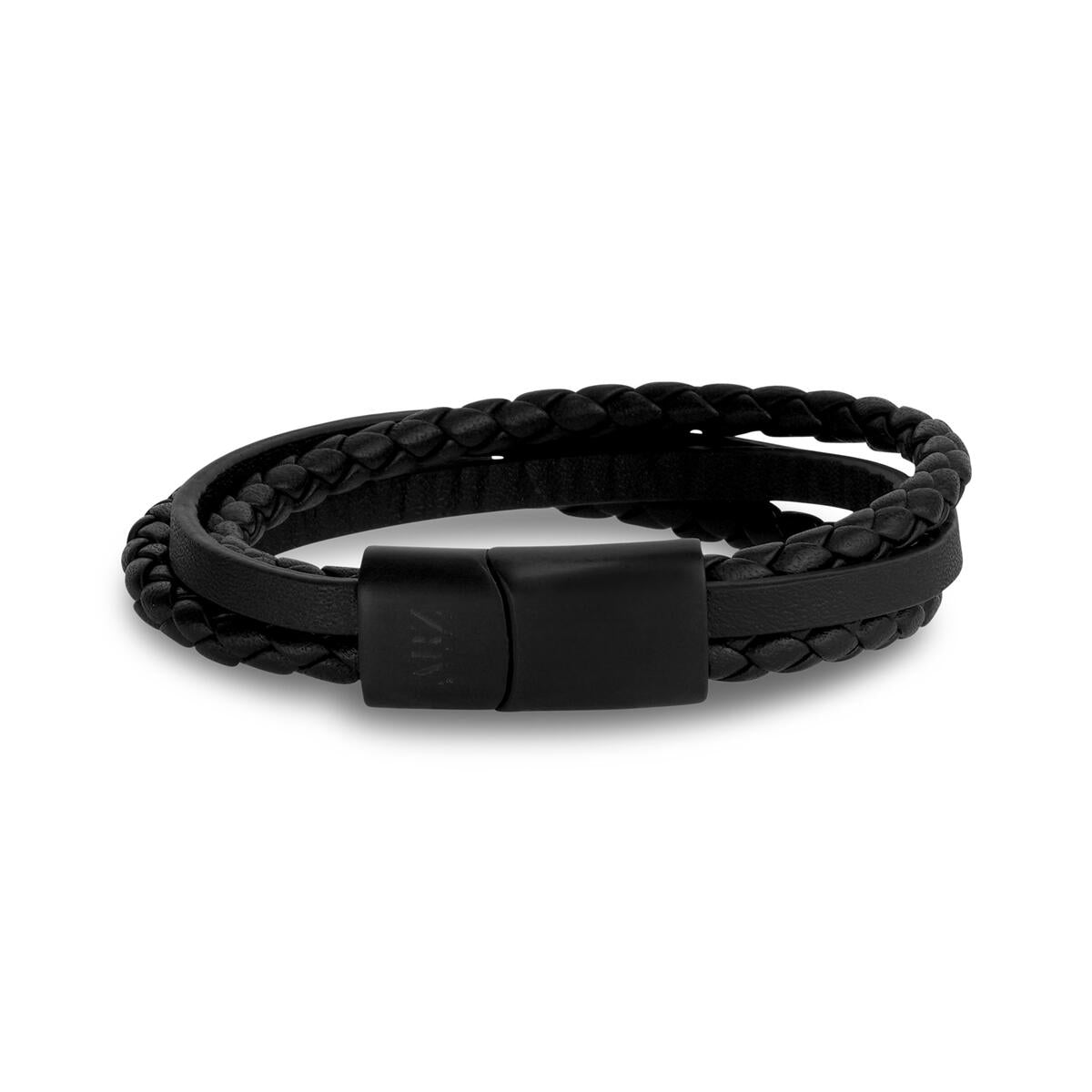 Bracelet multi-rangs en cuir noir avec fermoir noir
