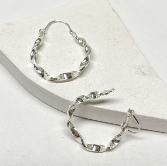 Ribbon Hoop Silver Earrings